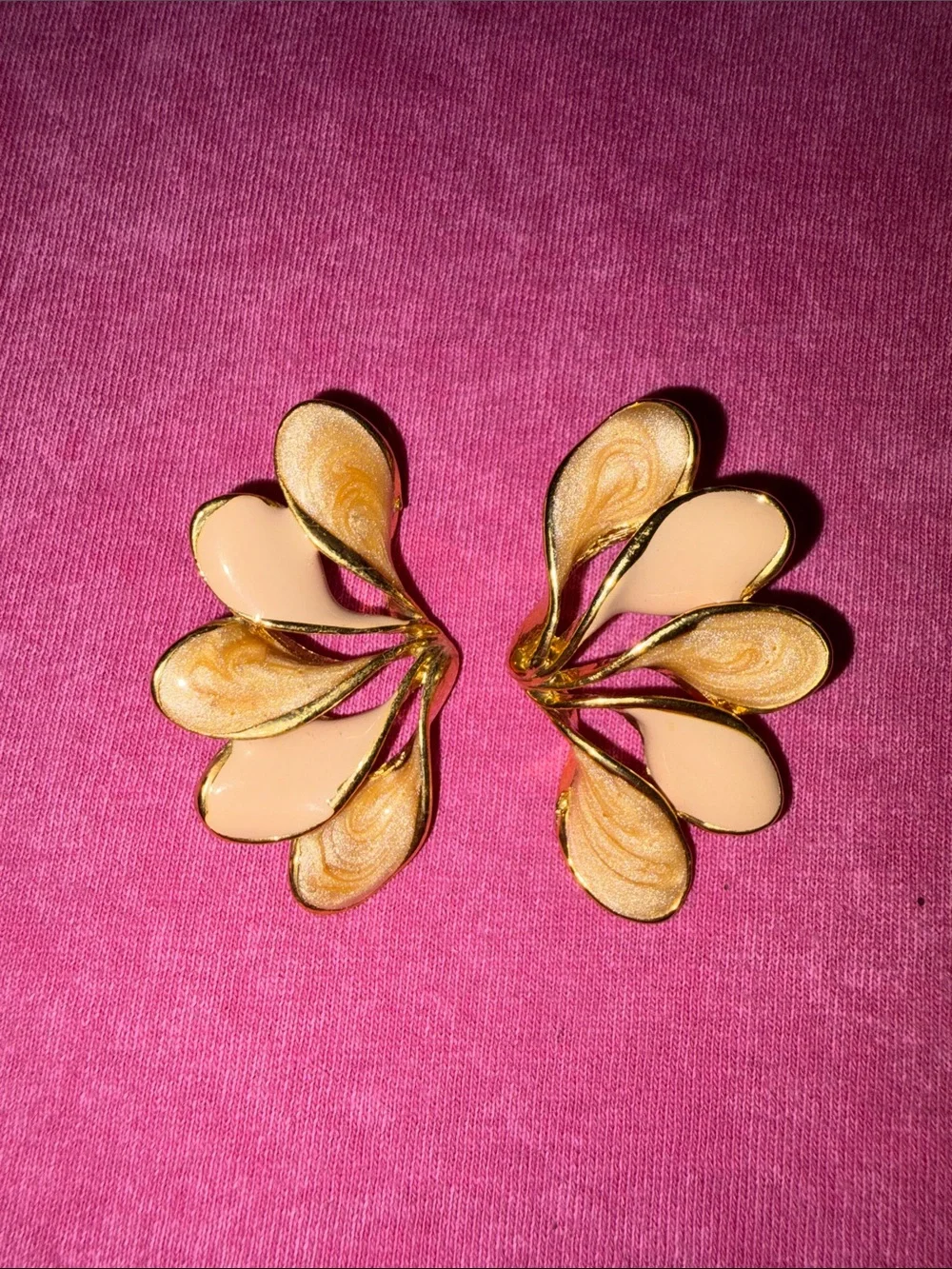 Vintage Fan Shaped Enamel Earrings in Gold Tone- 3 pairs